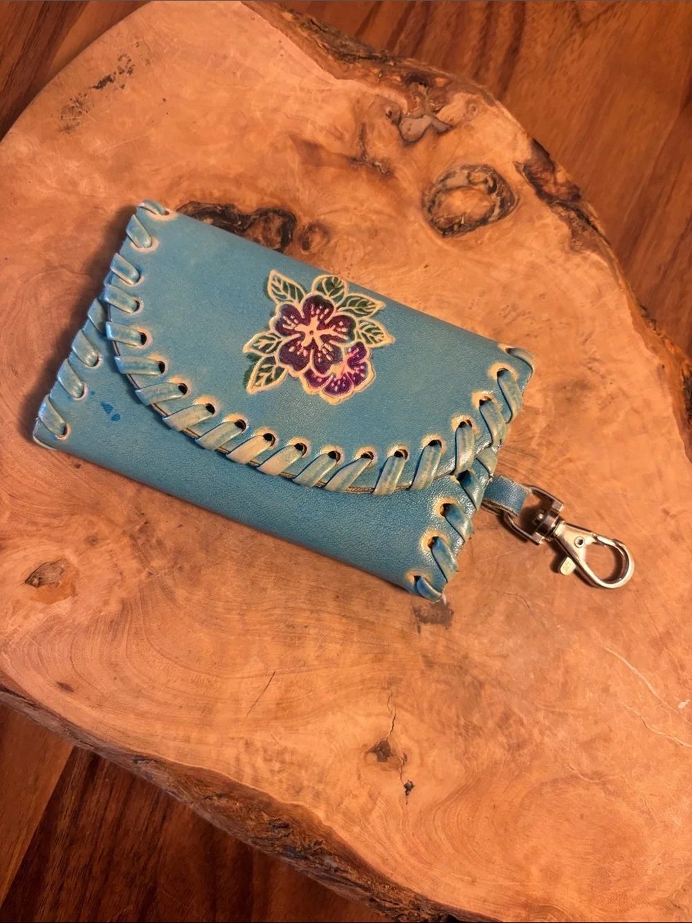 Vintage Hand Painted & Stitched Blue Floral Leather Key Pouch